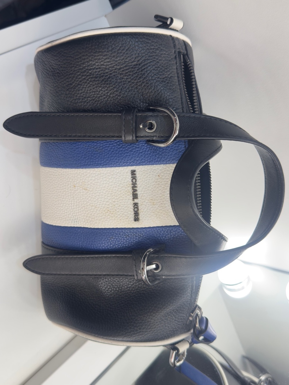 Michael Kors Black, Blue & White Leather Stripe Crossbody Satchel
